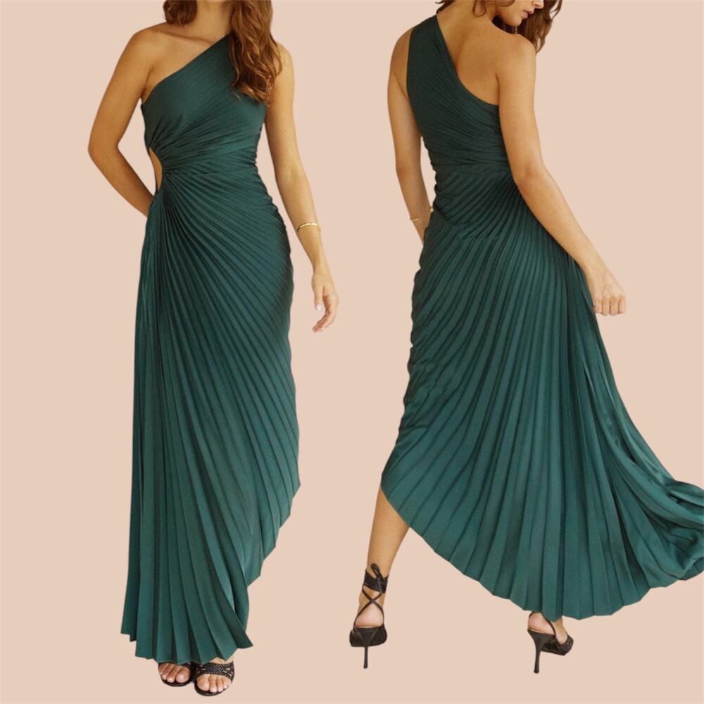 Few Moda Perko Dress Green Pleated Side Cutout One Shoulder Asymmetrical Maxi M